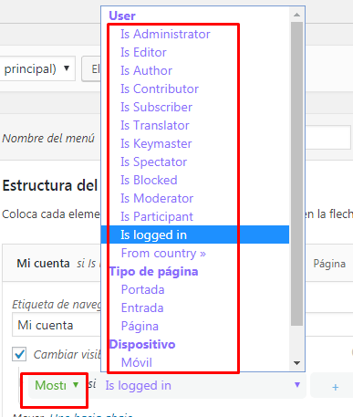 crear un menú condicional en WordPress