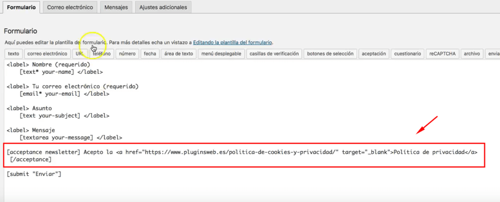 añadir casilla verificación contact form 7 gdpr