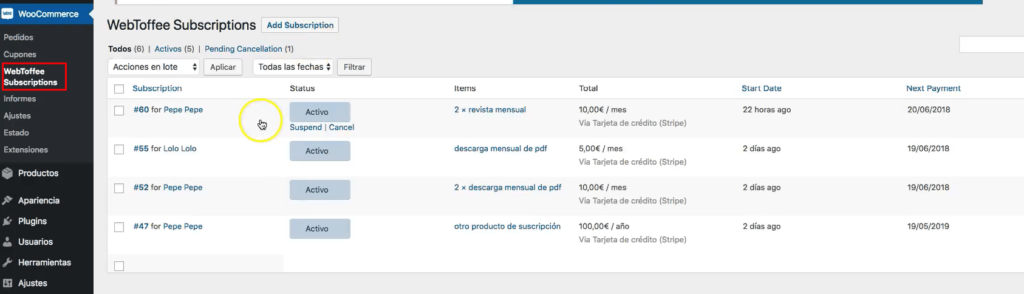 productos de suscripción en wordpress