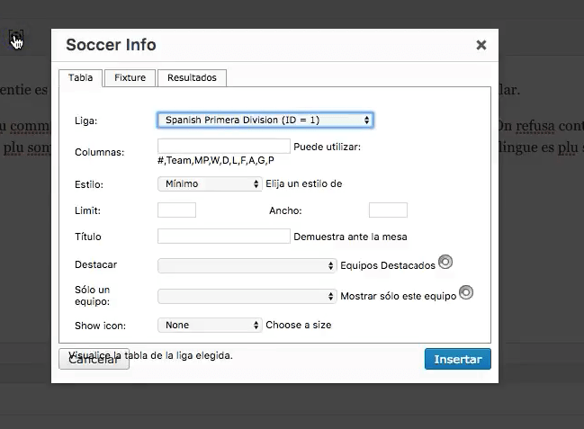 insertar resultados partidos futbol wordpress