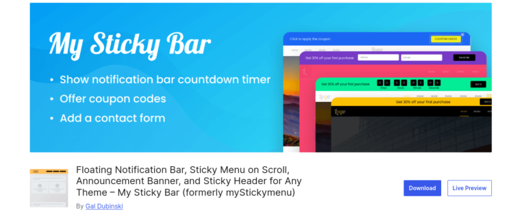 Floating Notification Bar, Sticky Menu on Scroll, Announcement Banner, and Sticky Header for Any Theme – My Sticky Bar (formerly myStickymenu)