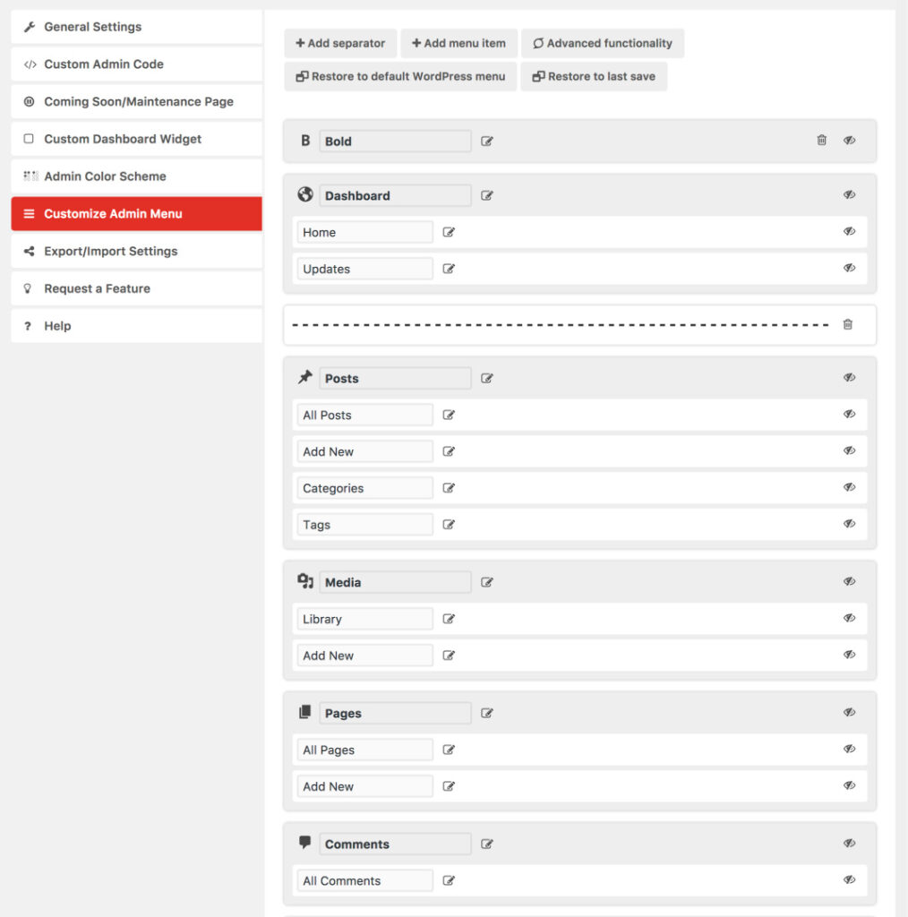 wp custom admin interface plugin