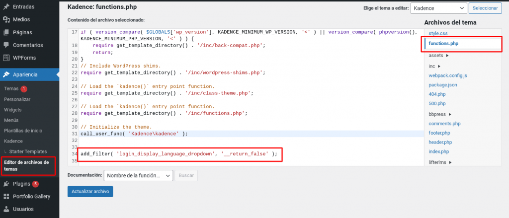 deshabilitar selector de idioma login wordpress