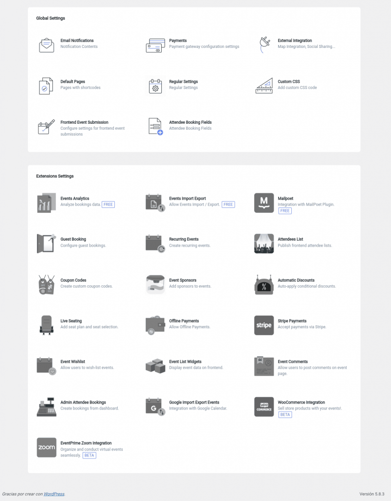 eventprime ajustes wordpress plugin