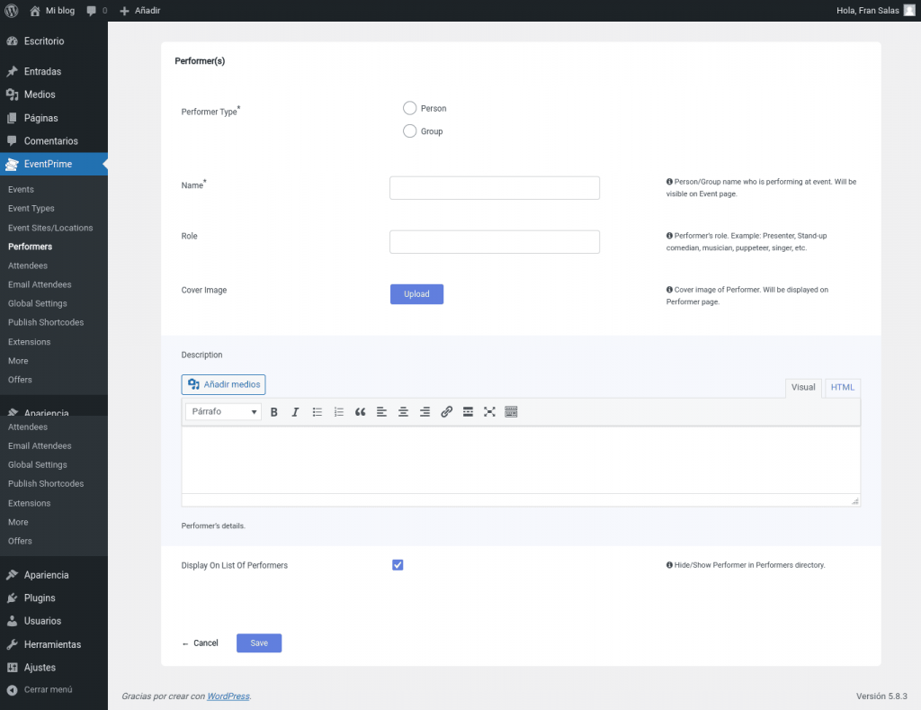 eventprime wordpress plugin performers