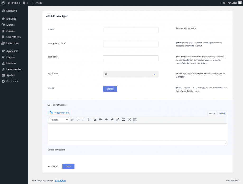 eventprime wordpress plugin tipos de eventos