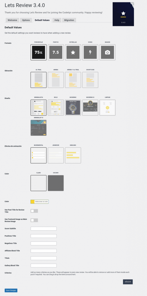 lets review wordpress plugin opciones por defecto