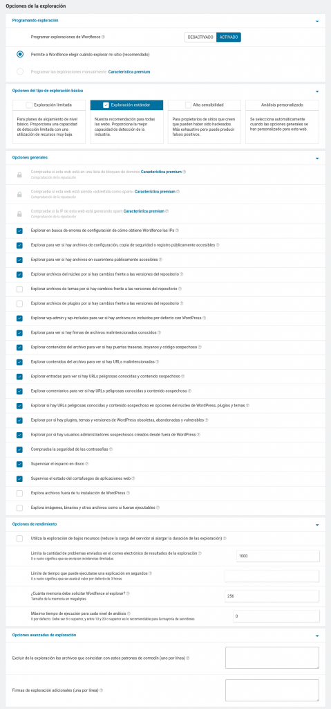 ajustes y opciones de escaneo wordfence wordpress plugin