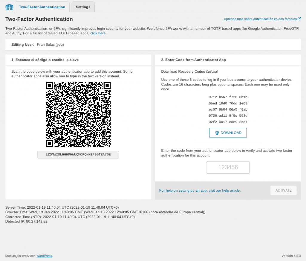 wordfence autentificacion two factor