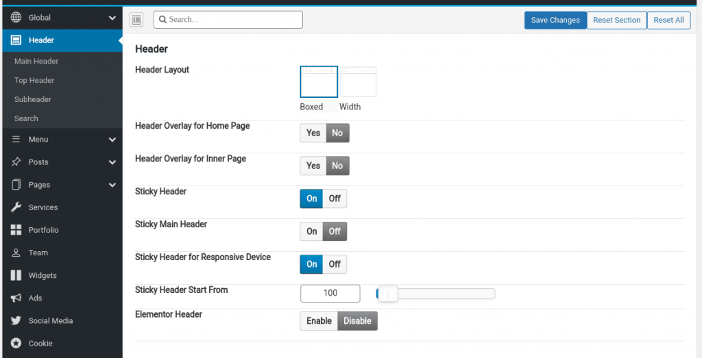 avas wordpress elementor opciones del header