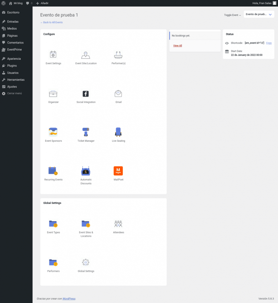 escritorio de eventos eventprime wordpress plugin