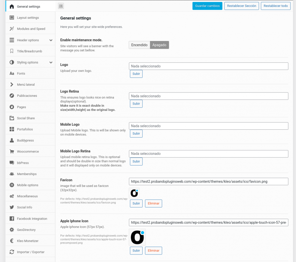 ajustes kleo wordpress