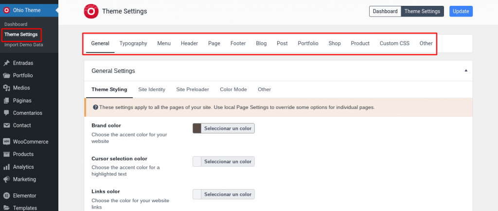 ohio wordpress theme ajustes