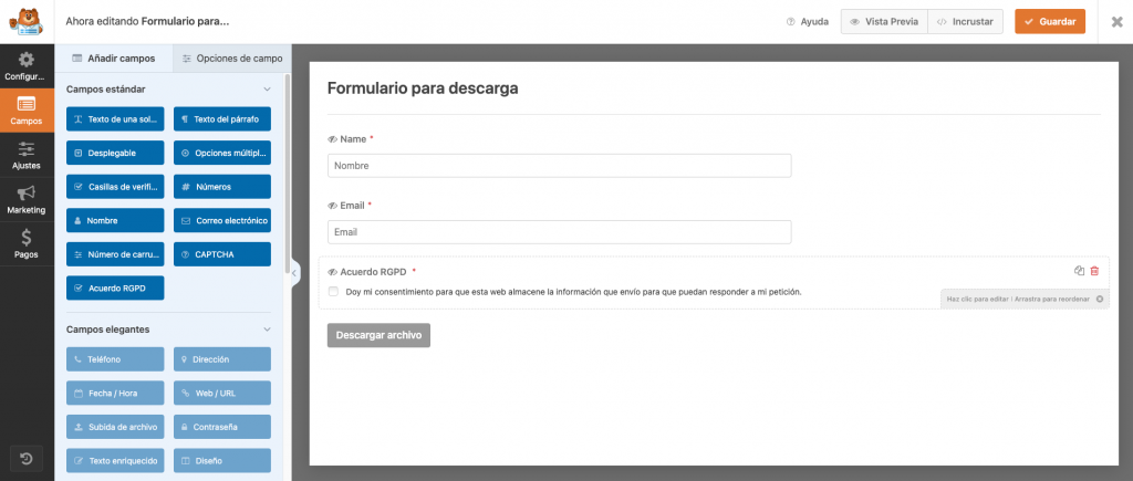 formulario de descarga wpforms