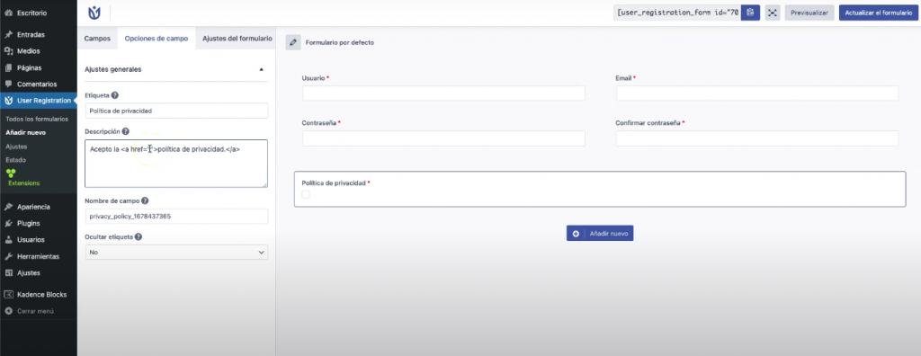constructor visual user registration