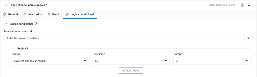 logica condicional flexible product fields woocommerce