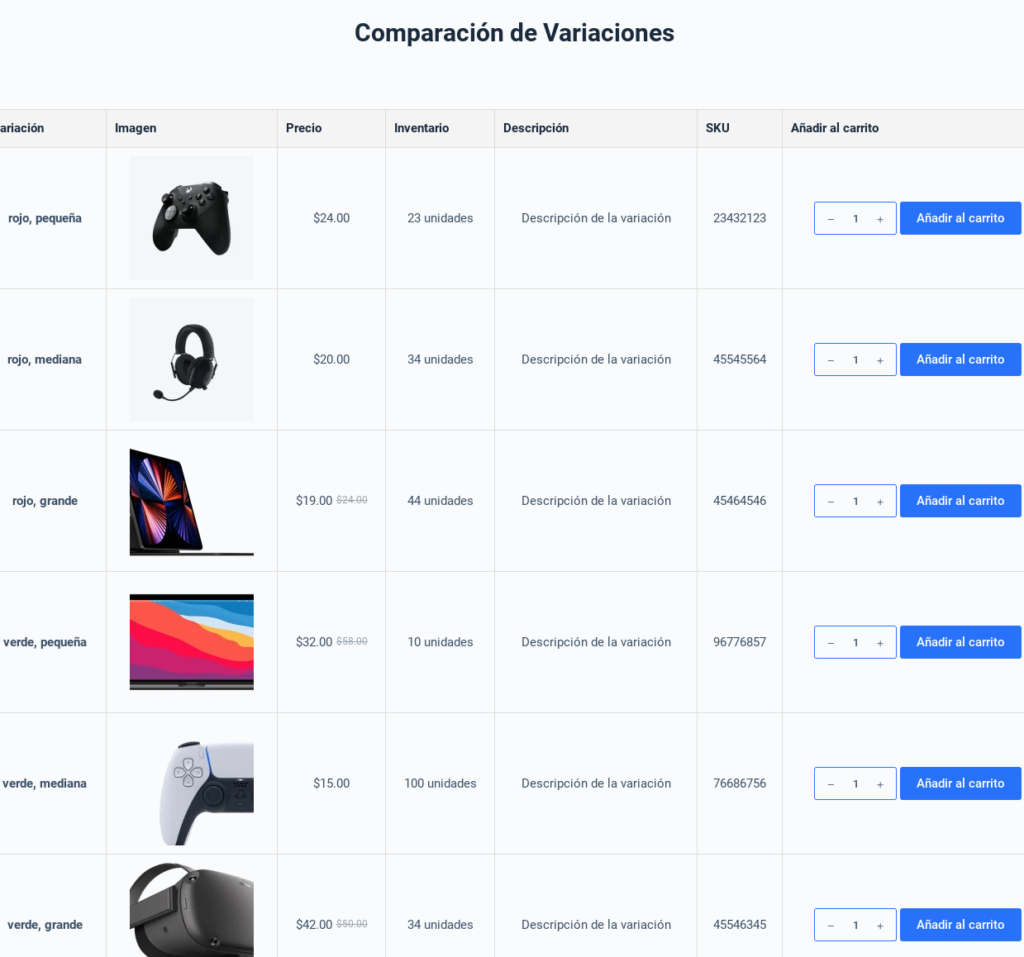 tabla comparativa de productos variables woocommerce