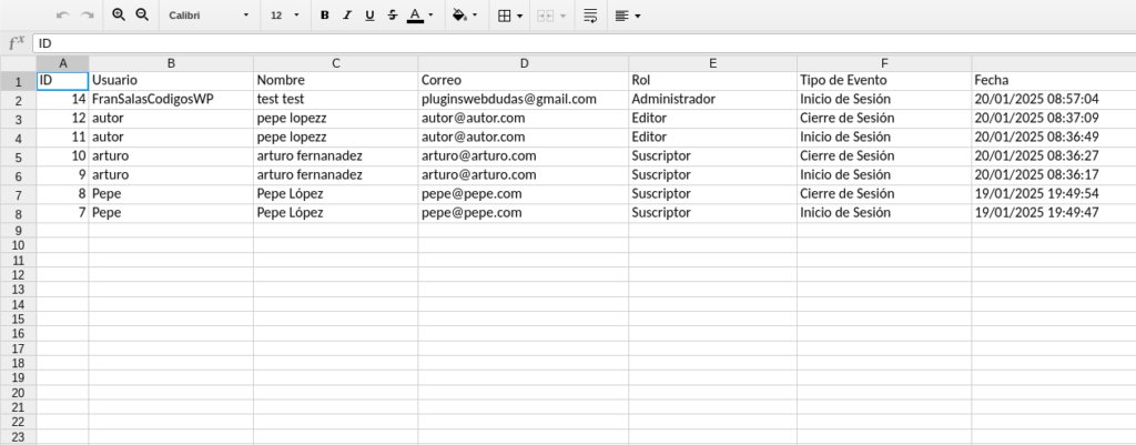 registro de accesos wordpress con exportacion