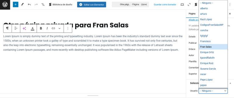 pagina privada por usuario wordpress
