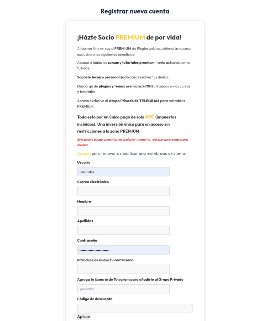 campos personalizados en el registro de restrict content pto