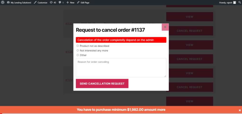 Cancel order request Return order Repeat Order Reorder for WooCommerce