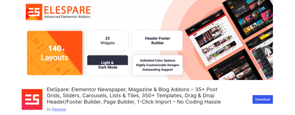 EleSpare Elementor Newspaper, Magazine & Blog Addons – 35+ Post Grids, Sliders, Carousels, Lists & Tiles, 350+ Templates, Drag & Drop Header Footer Builder, Page Builder, 1-Click Import – No Coding Hassle