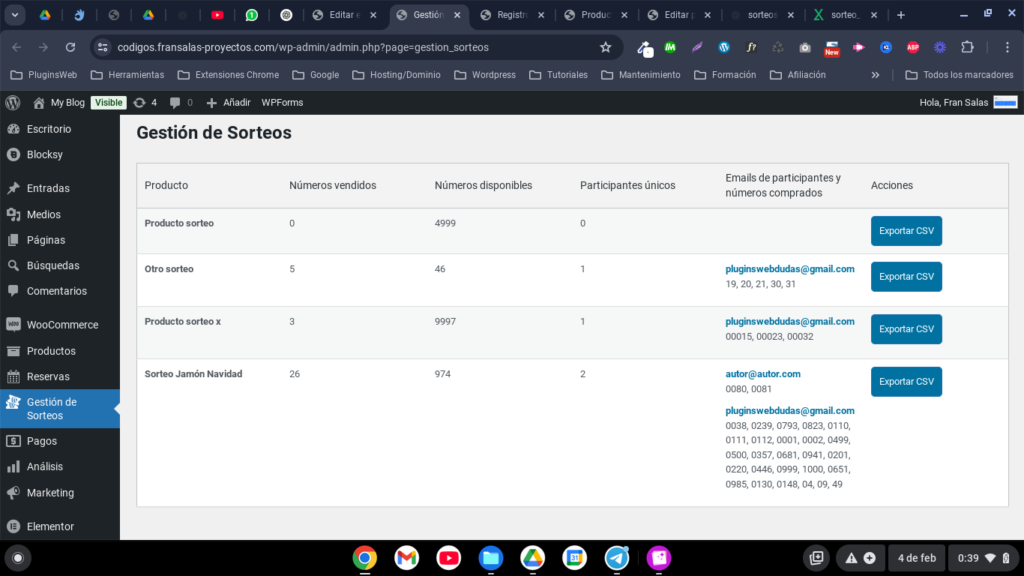 woocommerce sorteos exportar