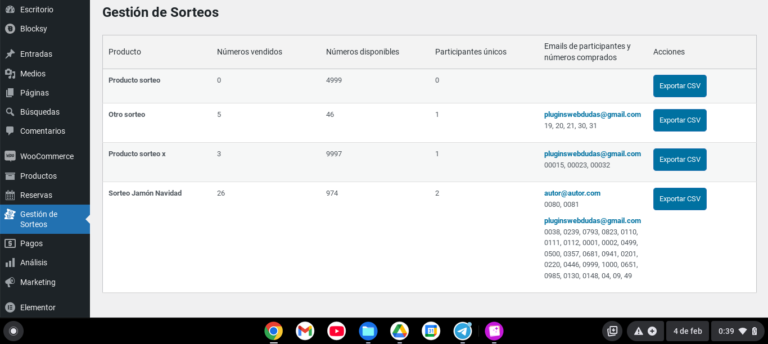 woocommerce sorteos exportar