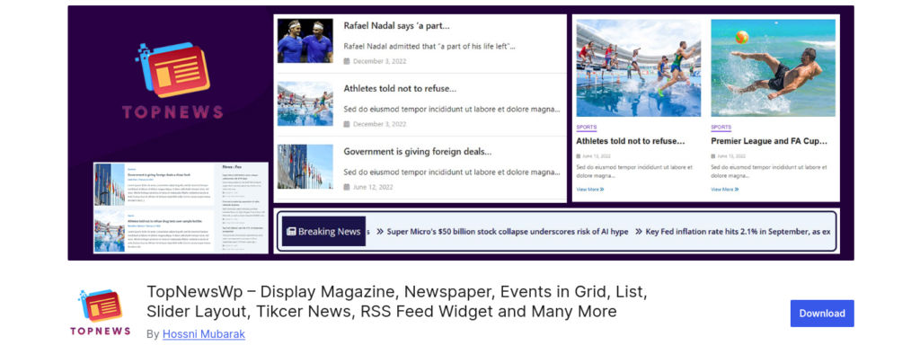 TopNewsWp – Display Magazine, Newspaper, Events in Grid, List, Slider Layout, Tikcer News, RSS Feed Widget and Many More
