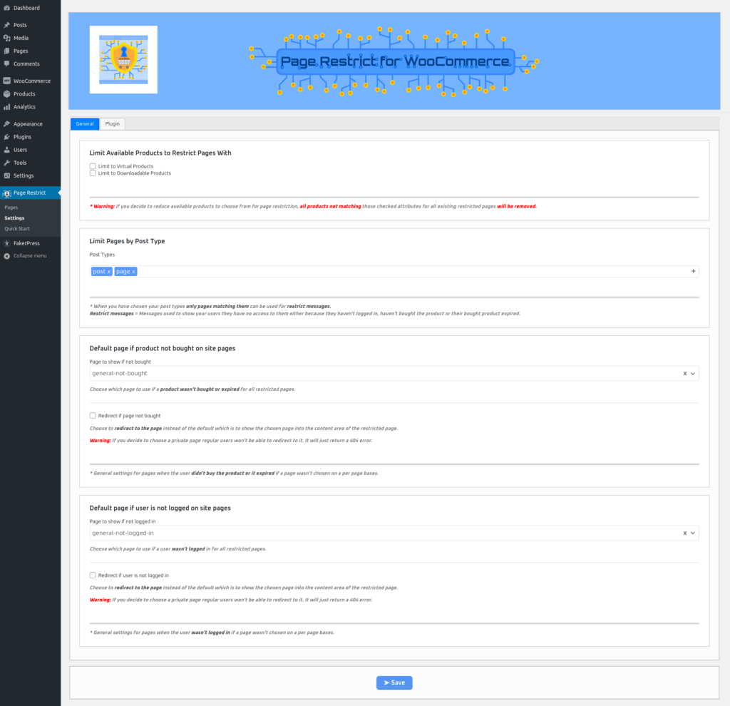 ajustes Page Restrict for WooCommerce