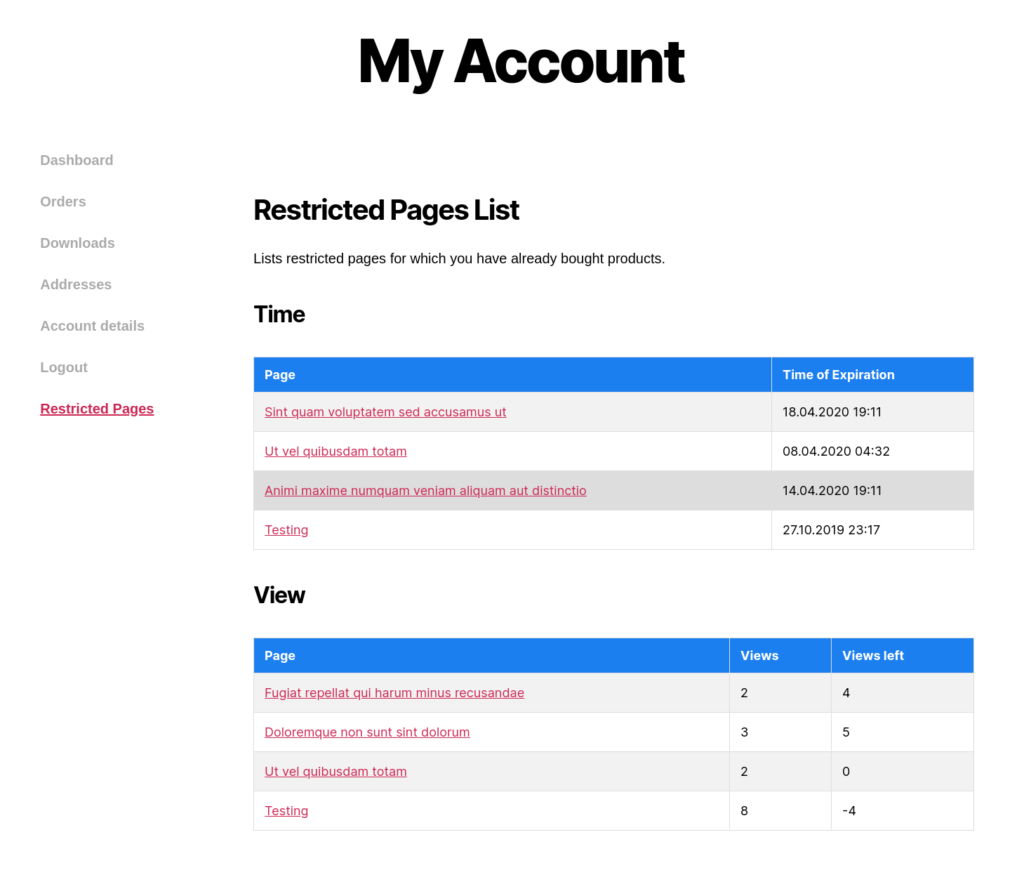 mi cuenta Page Restrict for WooCommerce