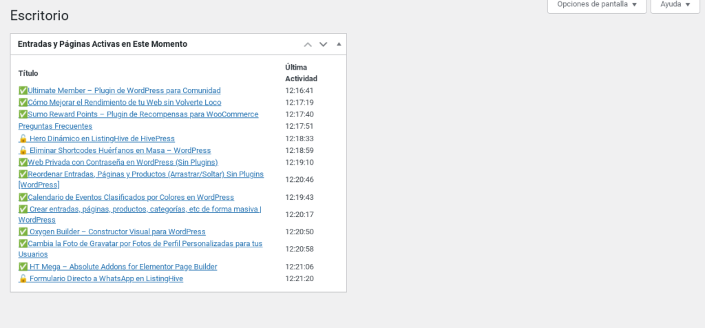 paginas visitadas en tiempo real wordpress