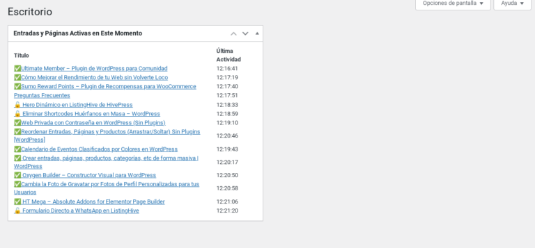 paginas visitadas en tiempo real wordpress