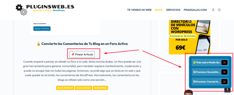 pinear articulos front end wordpress