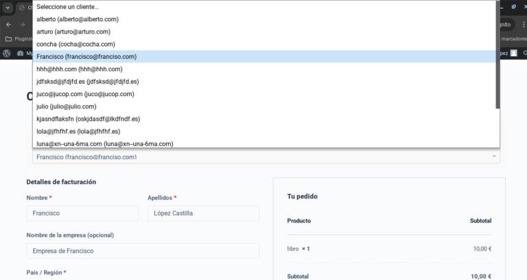 selector de clientes checkout woocommerce