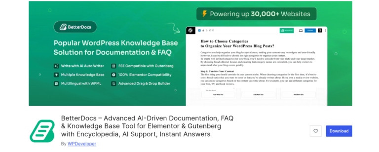 BetterDocs – Advanced AI-Driven Documentation, FAQ & Knowledge Base Tool for Elementor & Gutenberg with Encyclopedia, AI Support, Instant Answers
