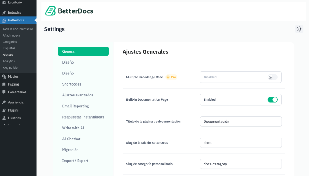 ajustes BetterDocs – Advanced AI-Driven Documentation, FAQ & Knowledge Base Tool for Elementor & Gutenberg with Encyclopedia, AI Support, Instant Answers