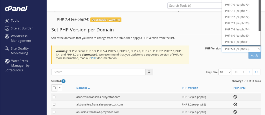 cambiar version php cpanel