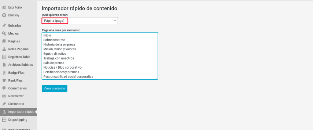 crear paginas de golpe wordpress
