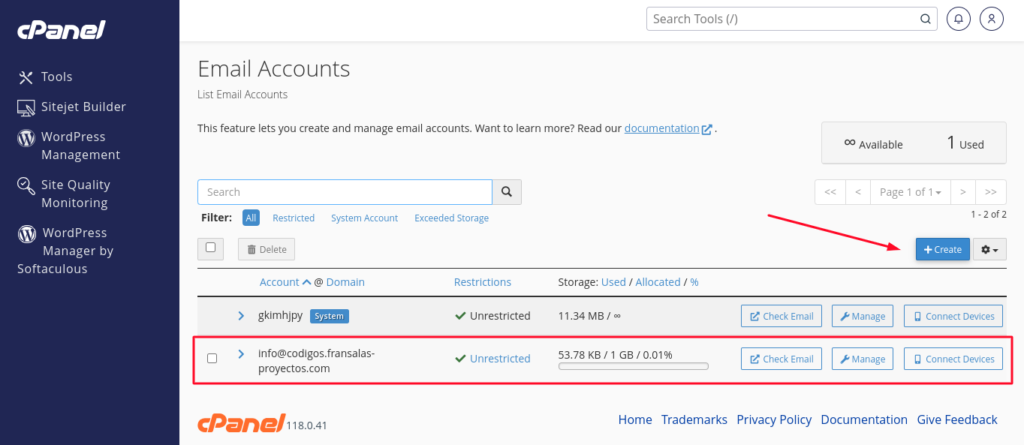 emails cpanel wordpress