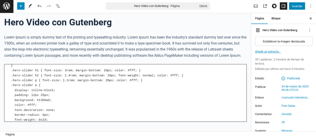 hero video youtube gutenberg wordpress