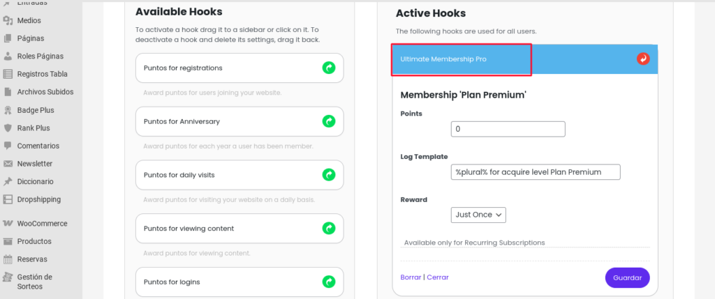 hooks mycred ultimate membership pro