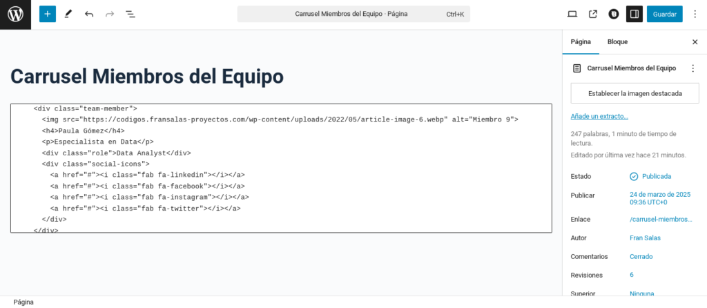miembros de equipo carrusel slider wordpress gutenberg