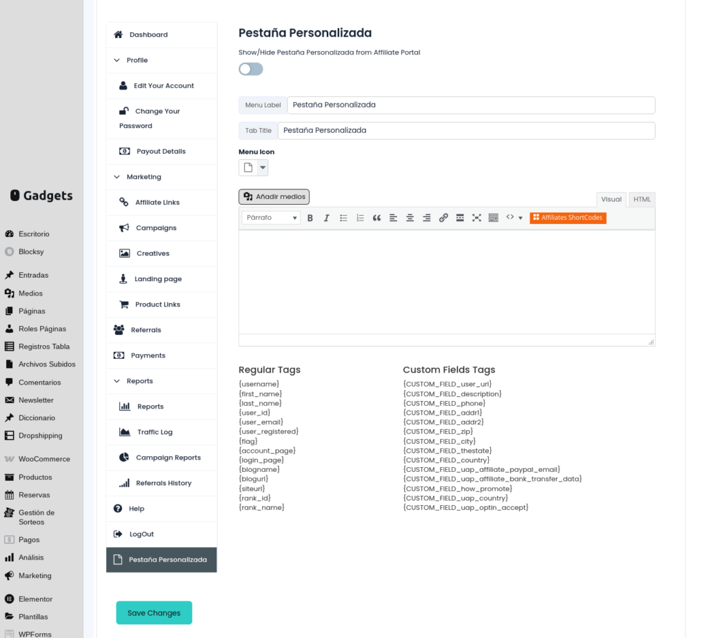 pestañas personalizadas ultimate affiliate pro
