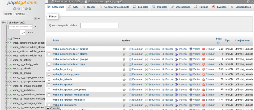 phpmyadmin base de datos wordpress