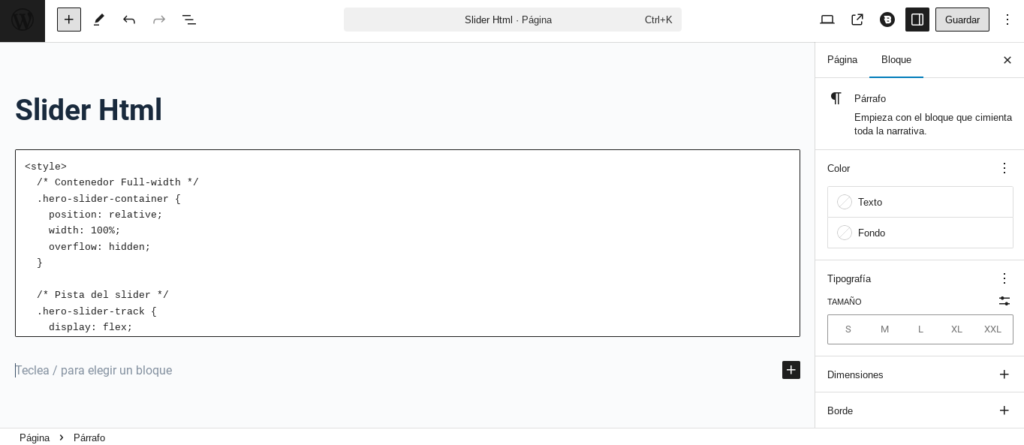 slider gutenberg html sin plugins