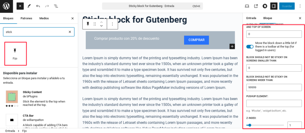 sticky block for gutenberg editor wordpress plugin