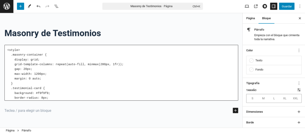 testimonios gutenberg sin plugins