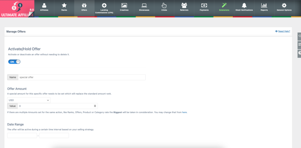 ultimate affiliate pro Creación de una oferta con importe 0 para excluir un producto de las comisiones.
