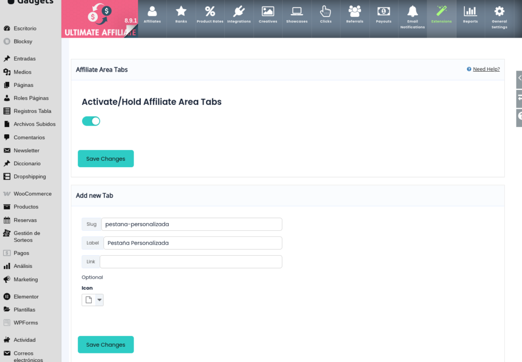 ultimate affiliate pro mi cuenta pestañas personalizadas